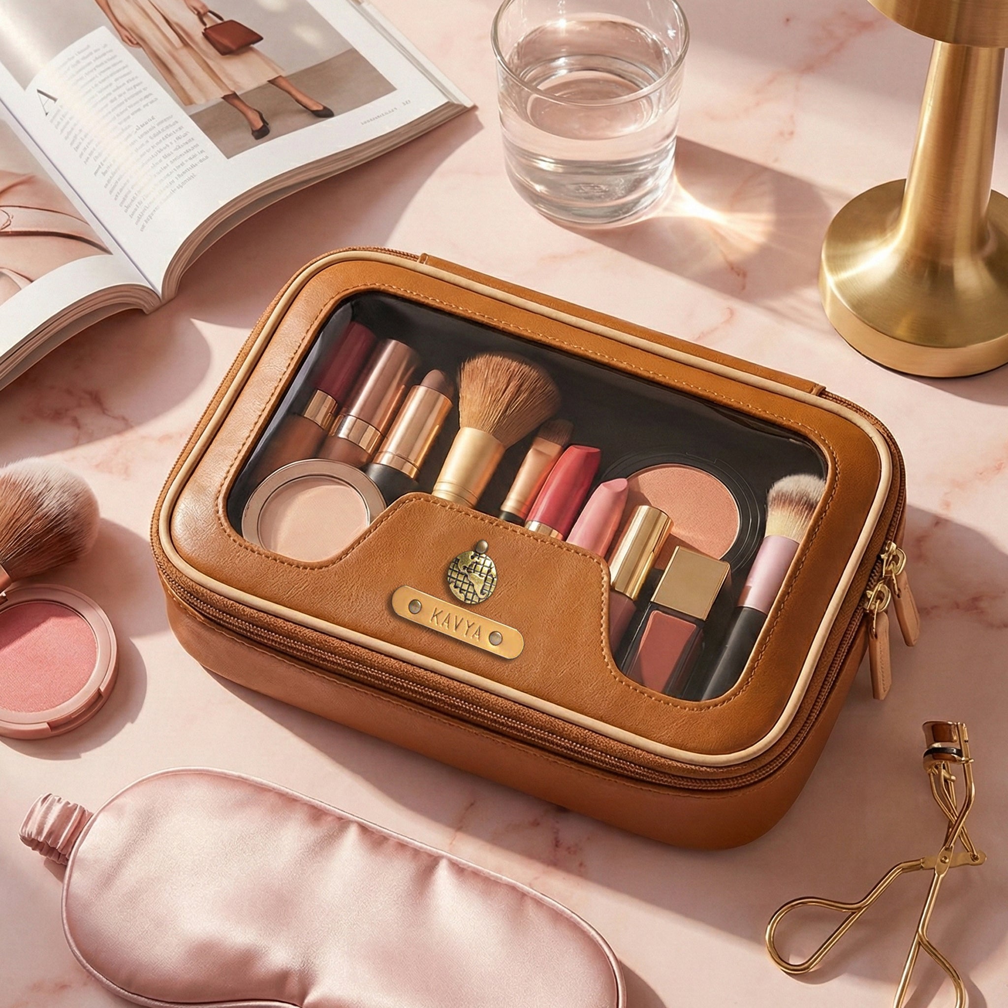 Personalised Zippered Vanity Case - Tan