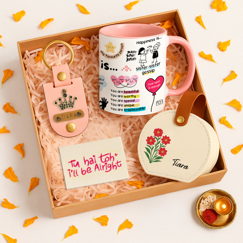 Gift set with mug, keychain, card, and coasters in a box with decorative elements.