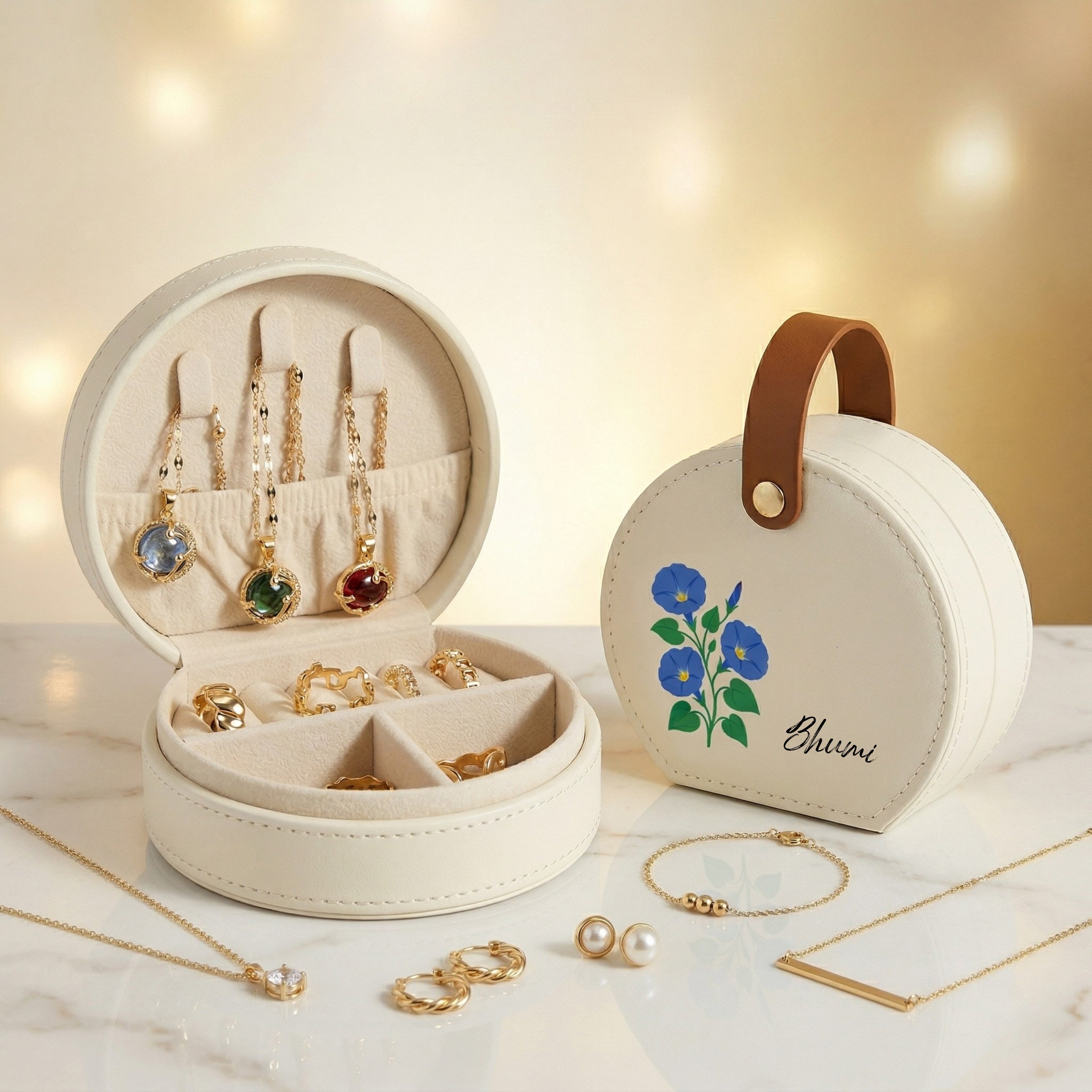 Round jewelry organizer with gold earrings and a decorative box on a light background