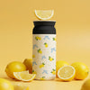Water bottle with lemon and bow pattern on a yellow background