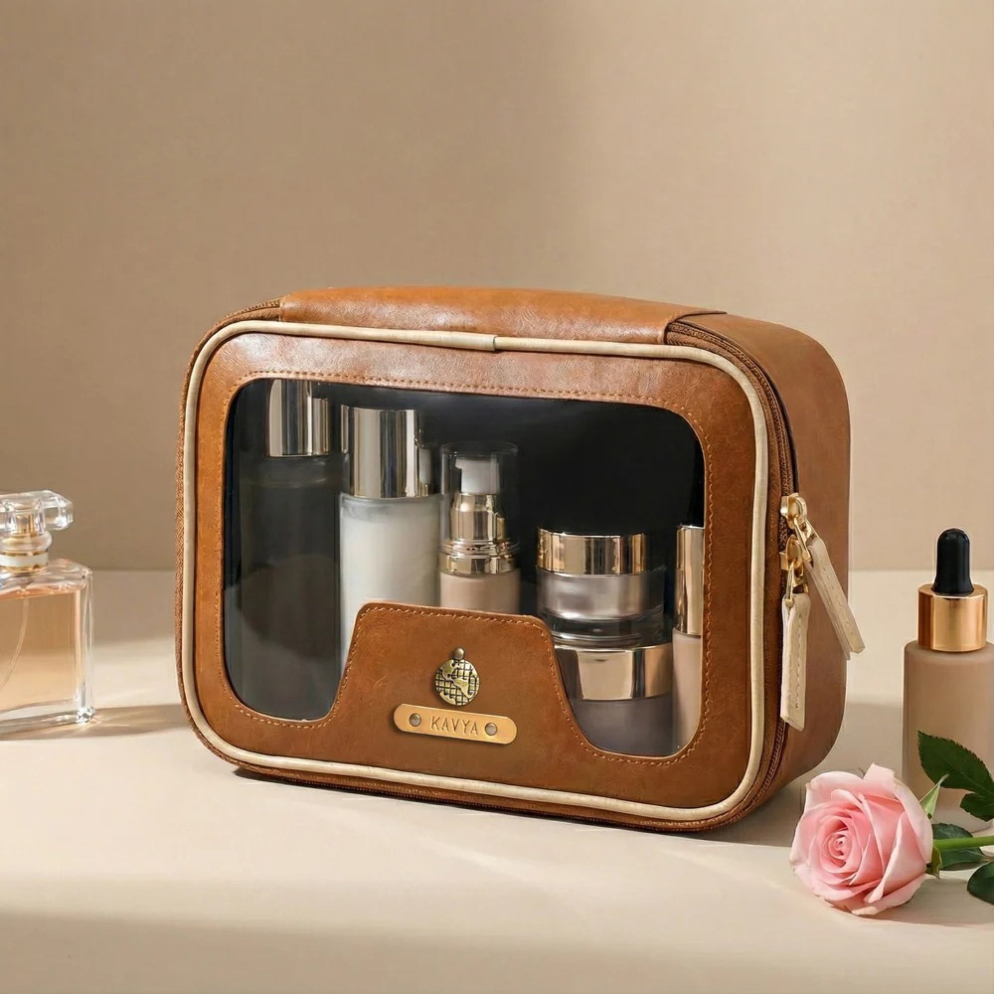 Personalised Zippered Vanity Case - Tan