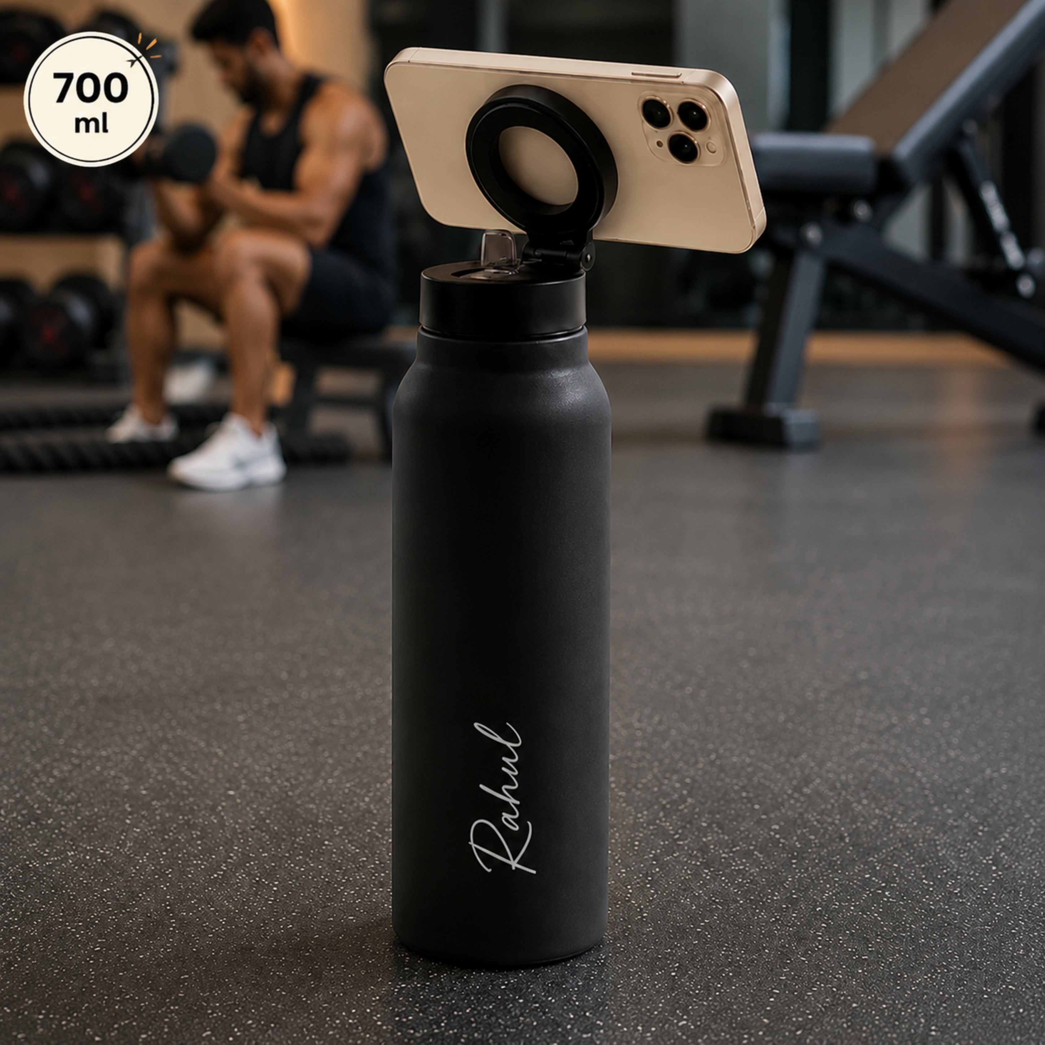 AquaStand - Magnetic Phone Mount Insulated Water Bottle with Sip Straw Lid - Black