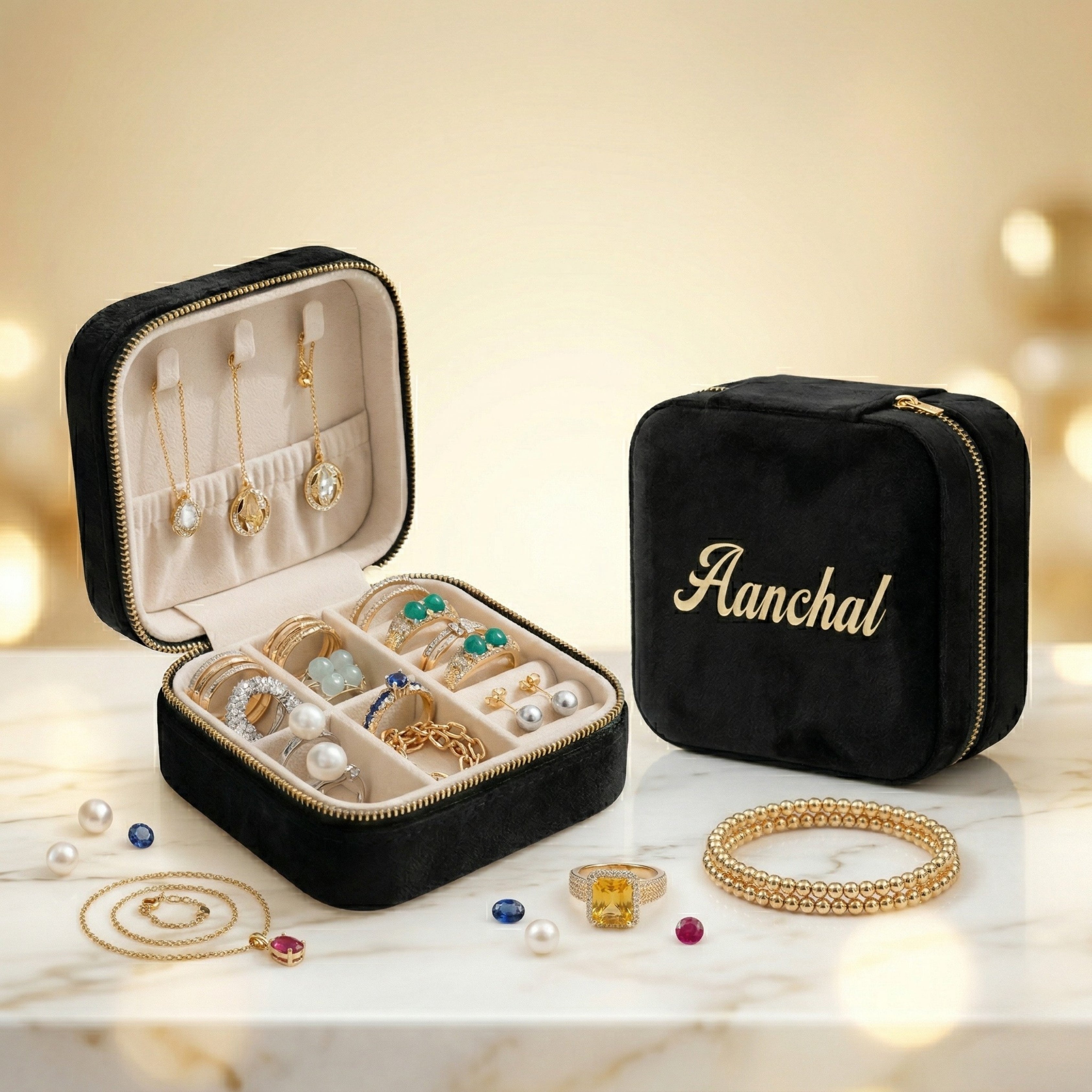 Velvet Travel Jewellery Box | Compact & Stylish Organizer - Black