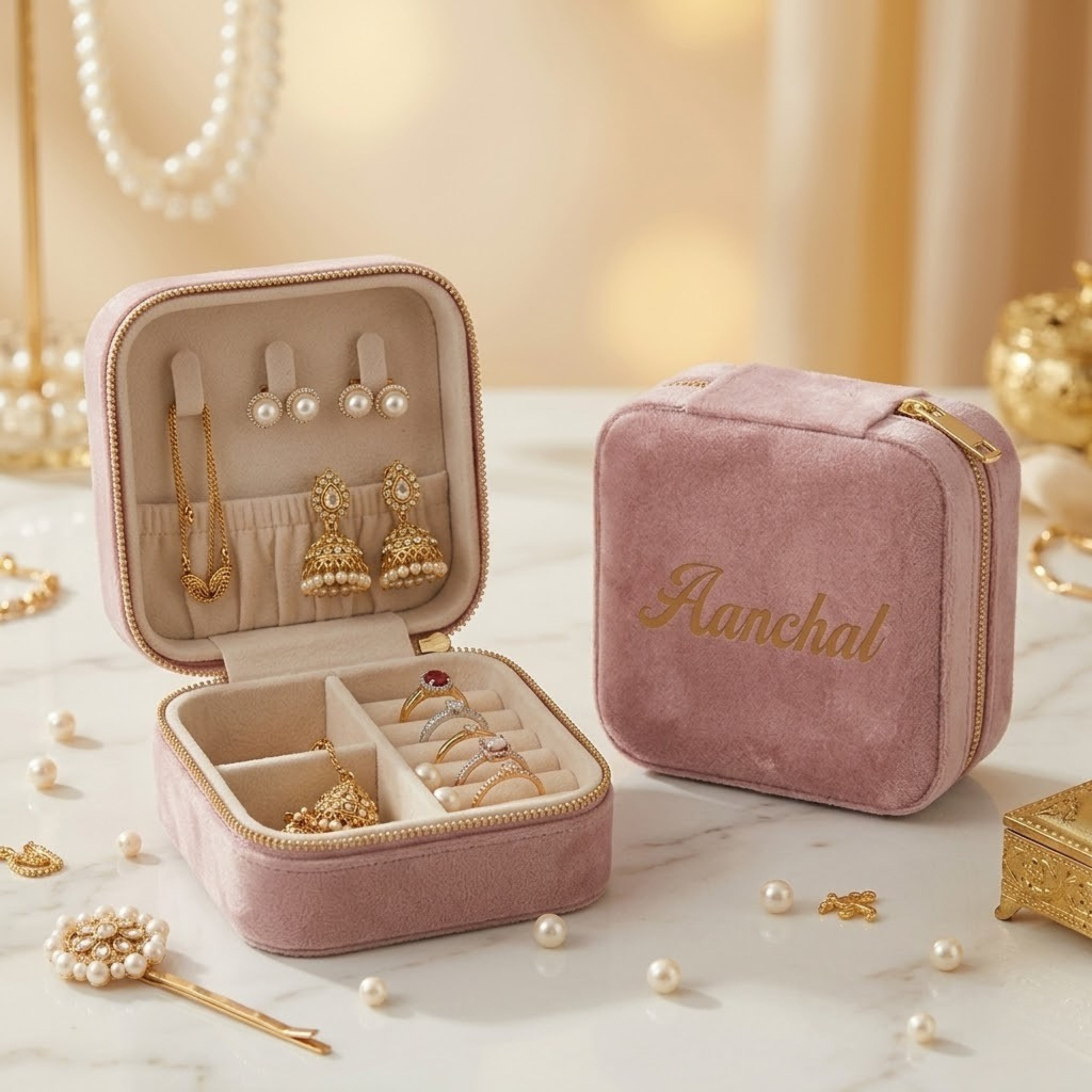 Travel Jewellery Box | Compact & Stylish Organizer - Velvet Pink