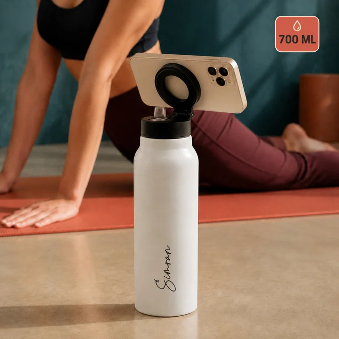 AquaStand - Magnetic Phone Mount Insulated Water Bottle with Sip Straw Lid - White