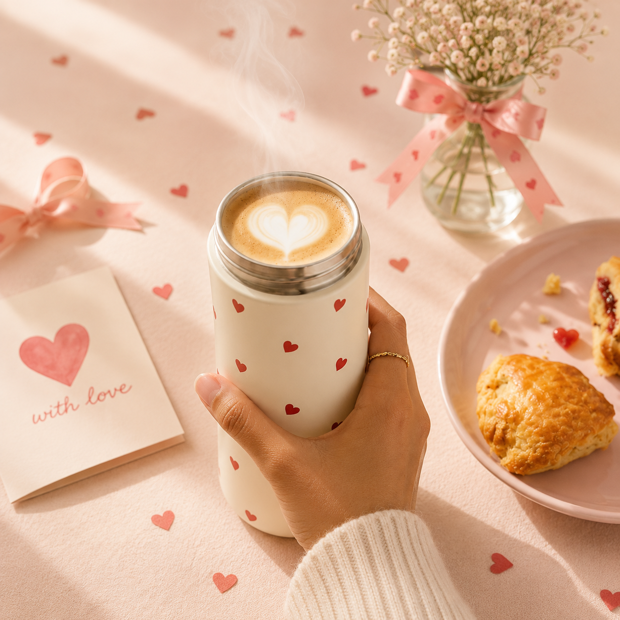 Insulated Coffee Tumbler- All Hearts (Ivory)