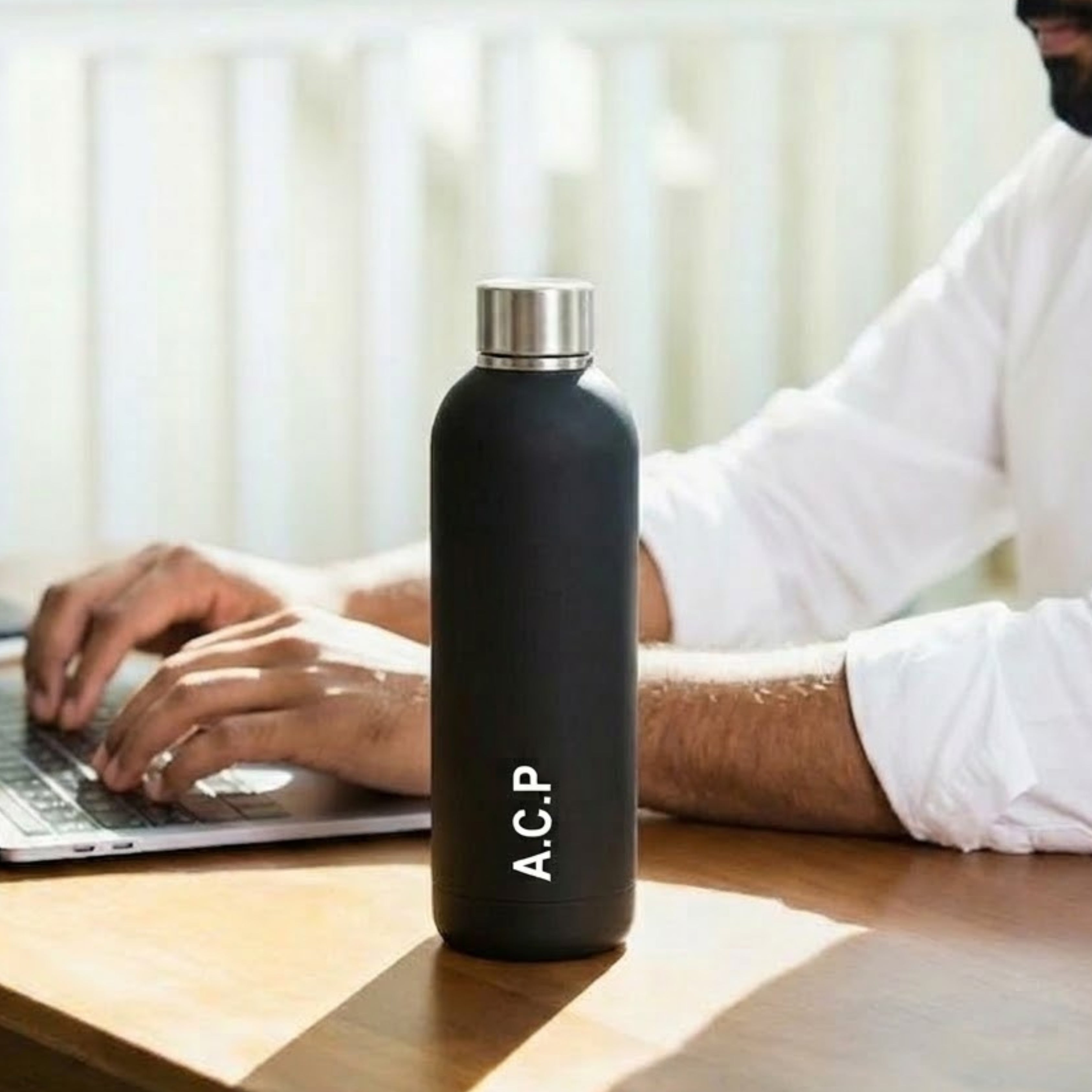 Quench - Personalised Water Bottle - Black with Silver Cap