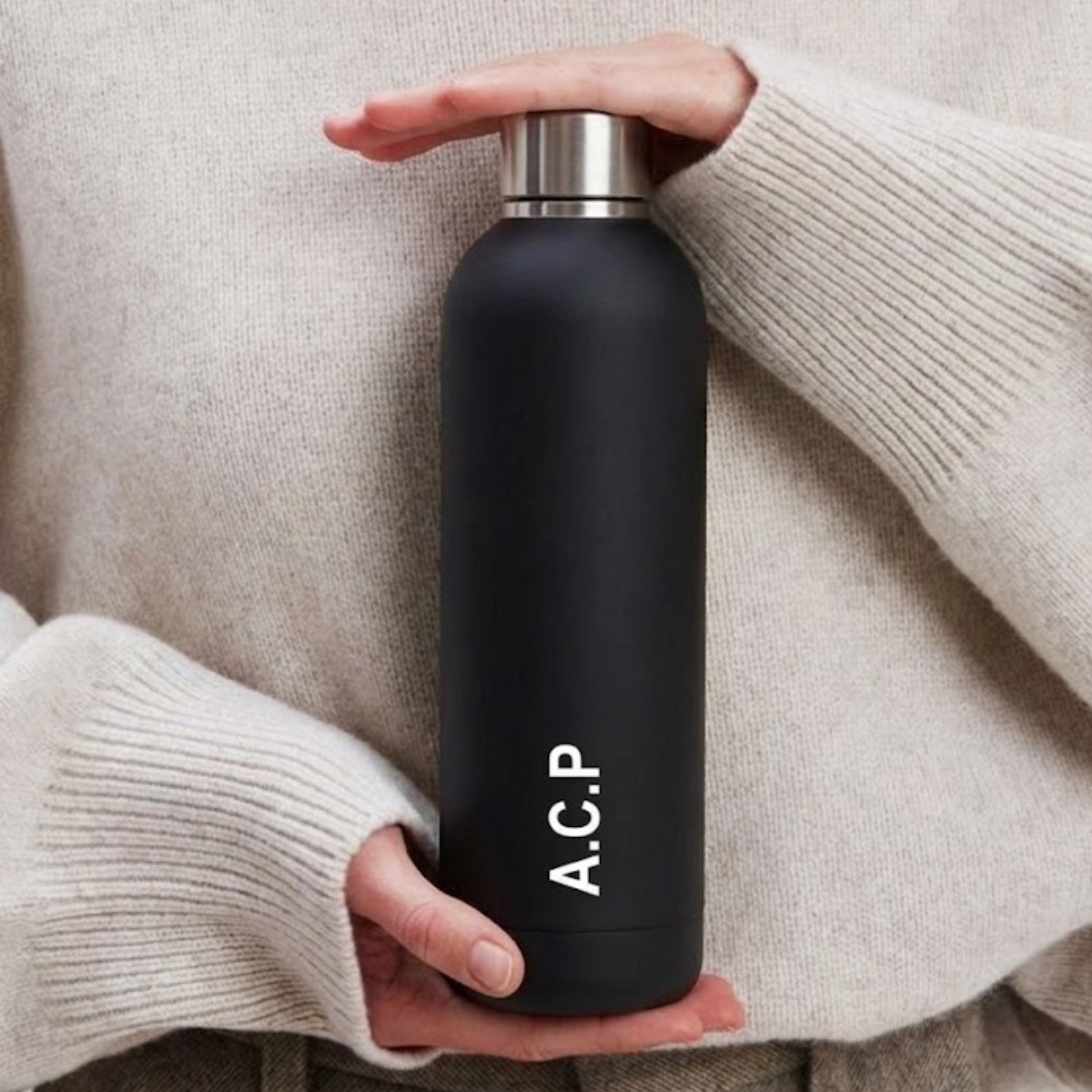 Quench - Personalised Water Bottle - Black with Silver Cap