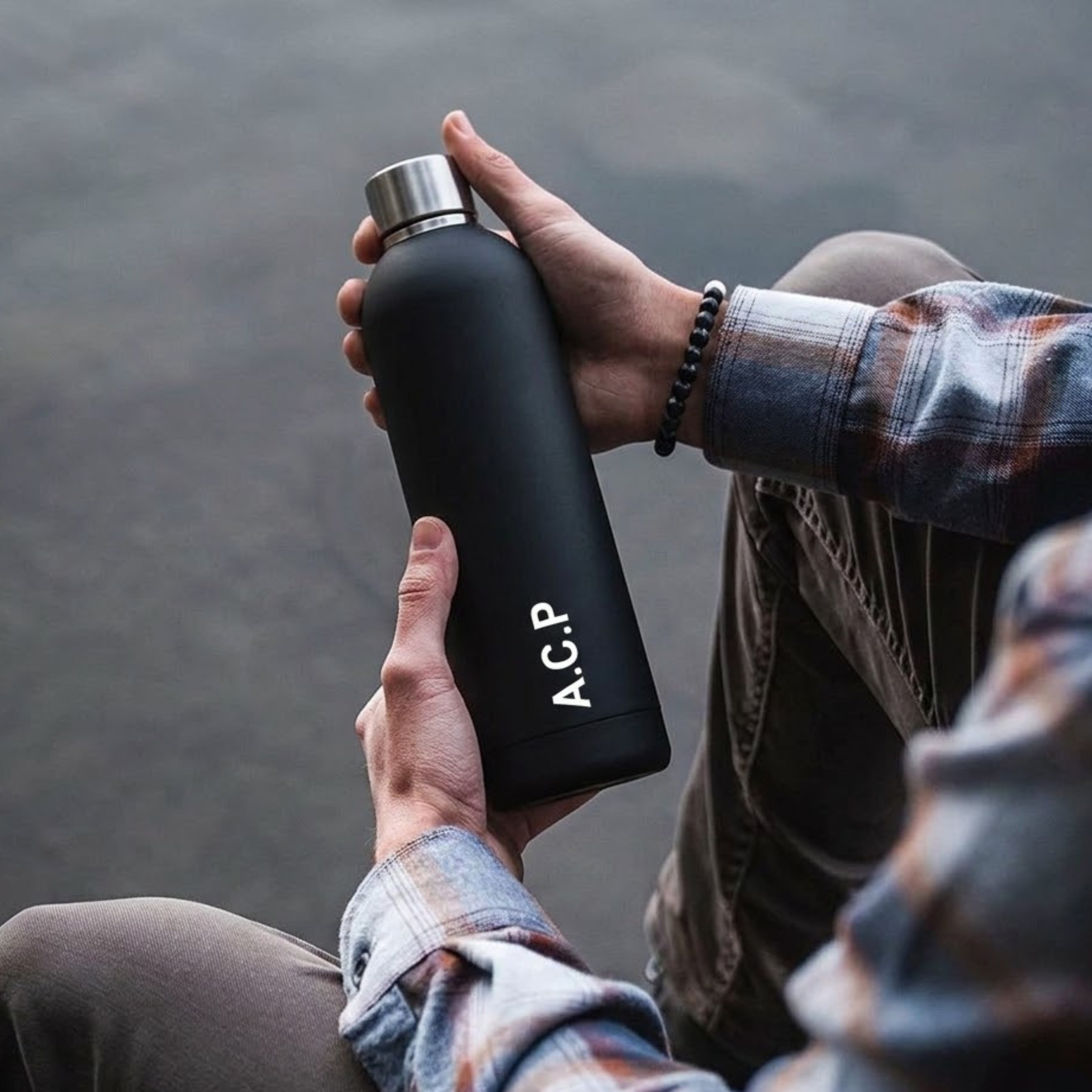 Quench - Personalised Water Bottle - Black with Silver Cap
