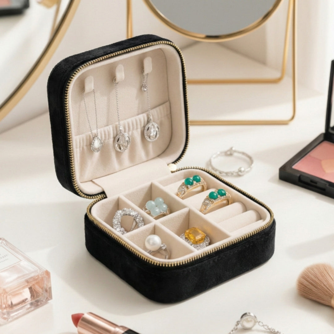 Velvet Travel Jewellery Box | Compact & Stylish Organizer - Black