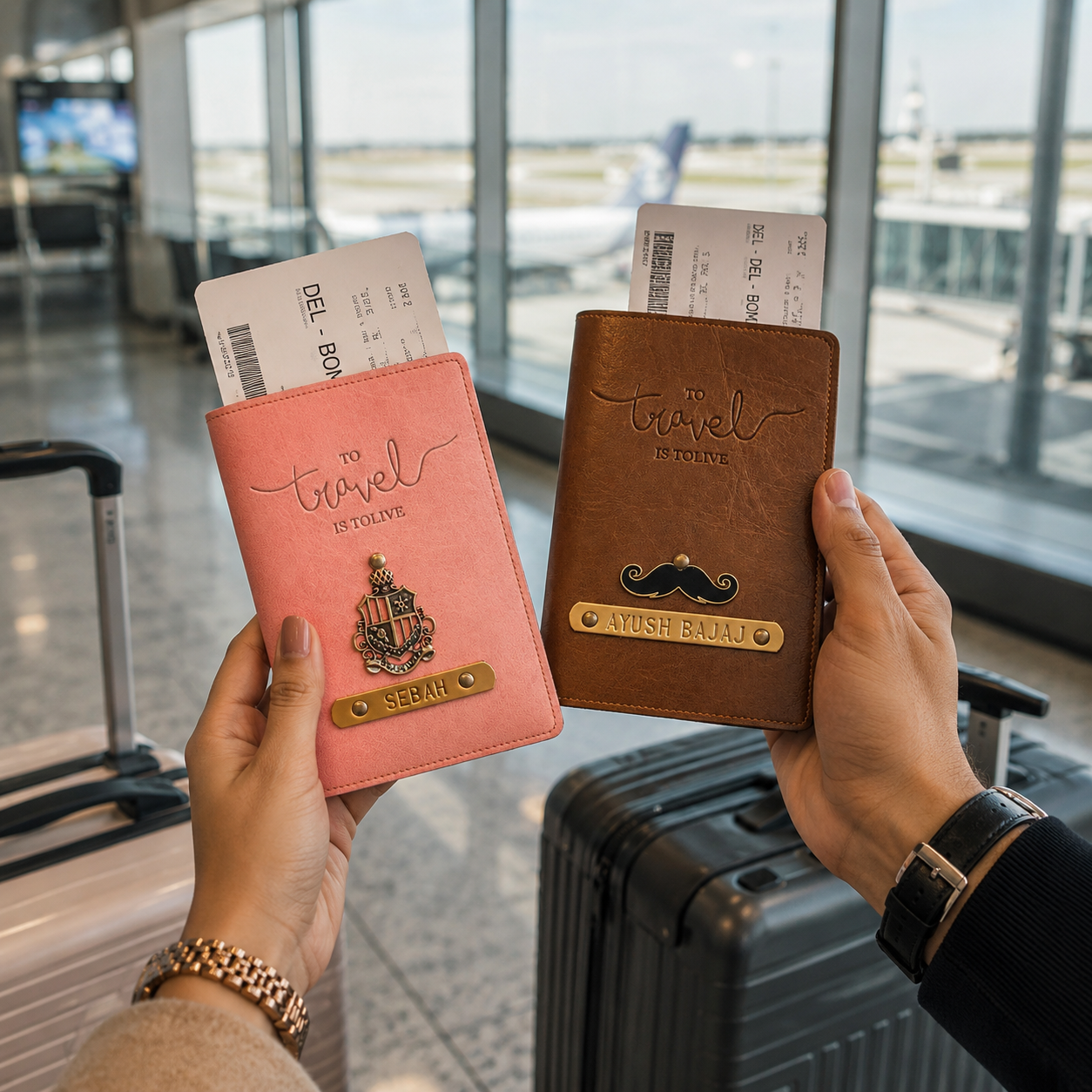 Two travel wallets, one pink and one brown, held by hands with suitcases and airplane tickets in the background.