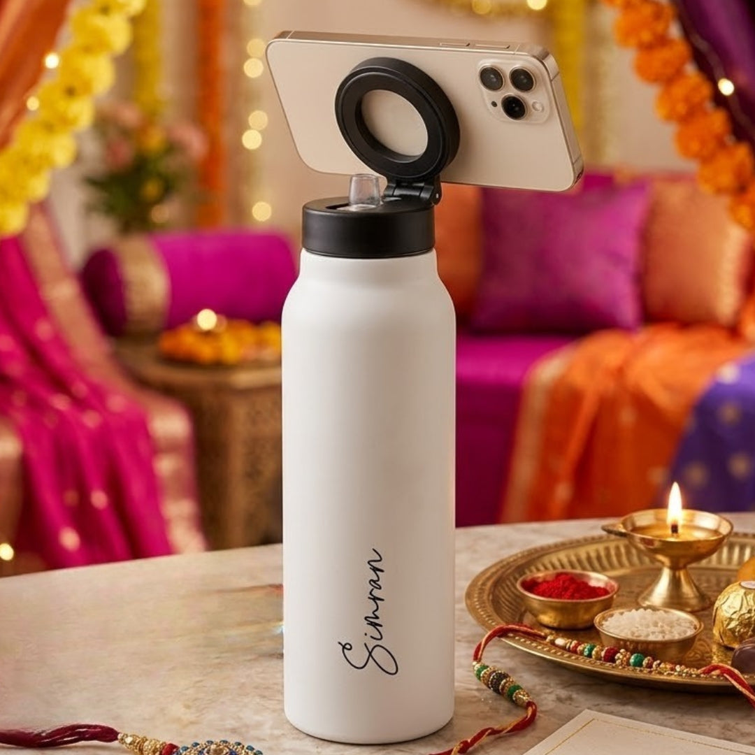 AquaStand - Magnetic Phone Mount Insulated Water Bottle with Sip Straw Lid - White
