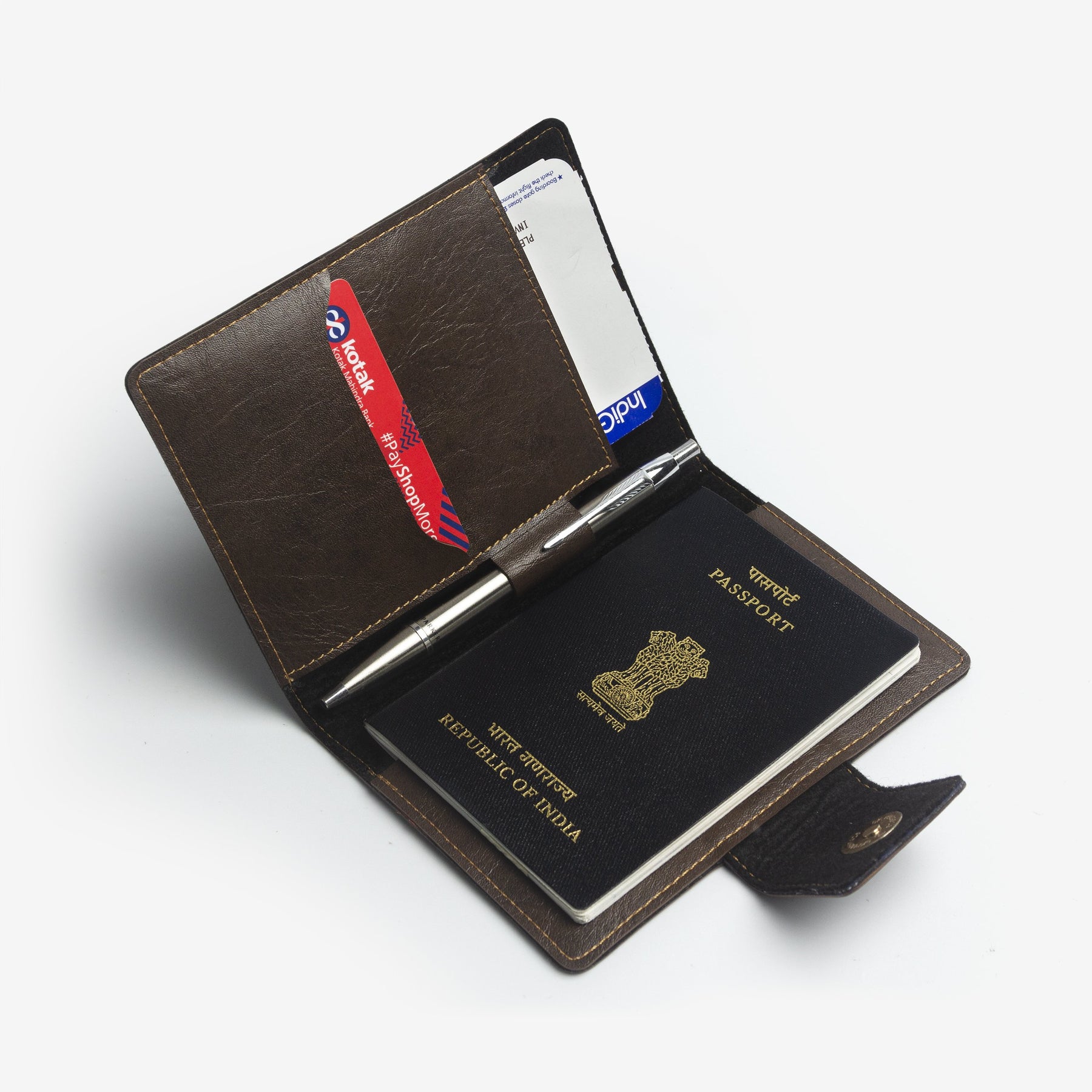 The Messy Corner Mini Travel Wallet Passport cover with button - Dark Brown